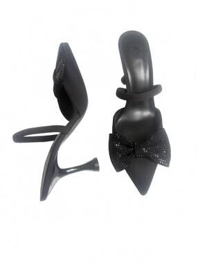 H&M | Black Pointy Toe Rhinestone Bow Round Kitten Heels w/ Strap Size 8